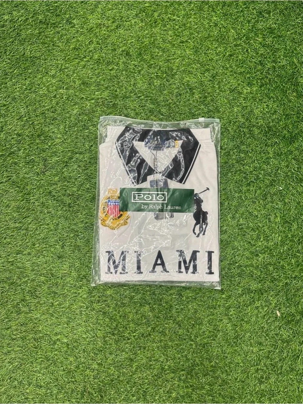 Ralph Lauren White Polo Shirt with Navy Trim and Miami Crest